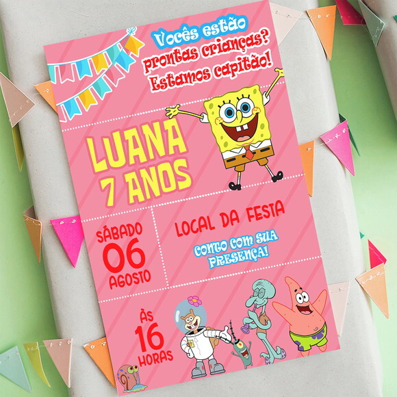 Convite Digital Bob Esponja Rosa