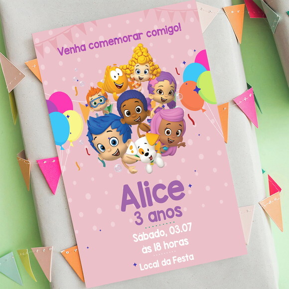 Convite Digital Bubble Guppies Rosa
