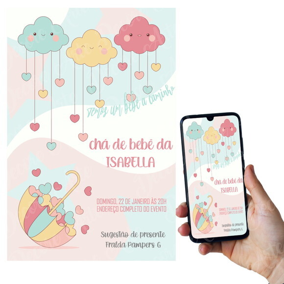 Convite Digital Chá de Bebê Nuvens e Sugestão de Presentes