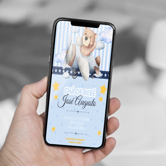 Convite Digital Chá de Bebê Ursinho Aviador