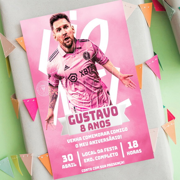 Convite Digital Lionel Messi Jogador de Futebol Rosa
