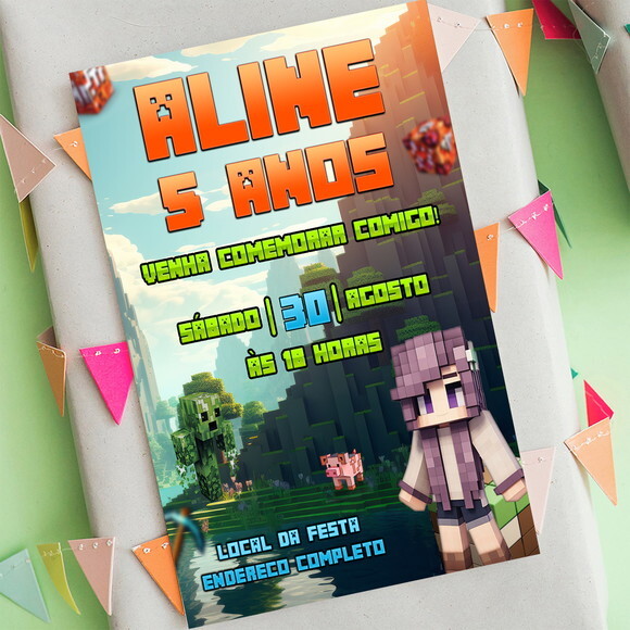 Convite Digital Minecraft Menina