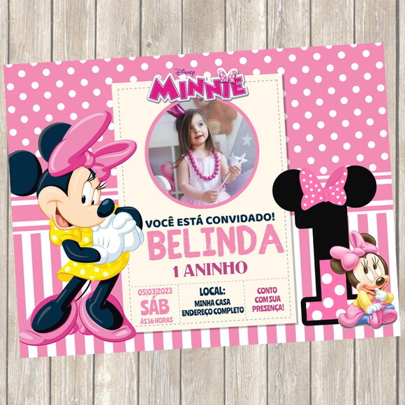 Convite Digital Minnie Cor de Rosa com Foto