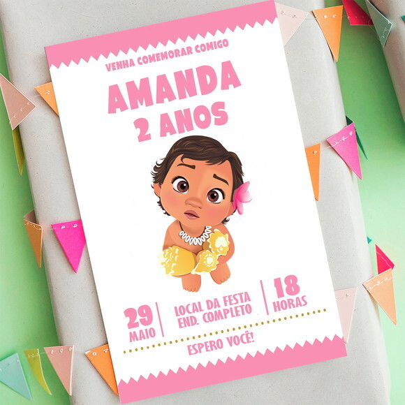 Convite Digital Moana Baby Festa Cor de Rosa