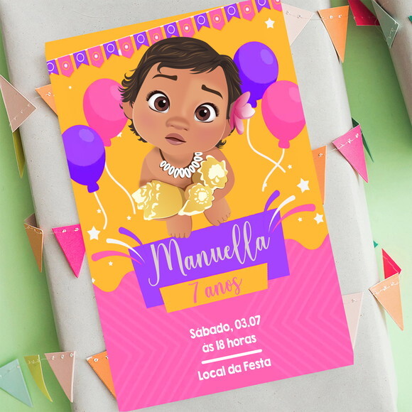 Convite Digital Moana Baby Festa Cor de Rosa