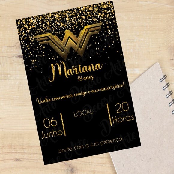 Convite Digital Mulher Maravilha Preto e Dourado
