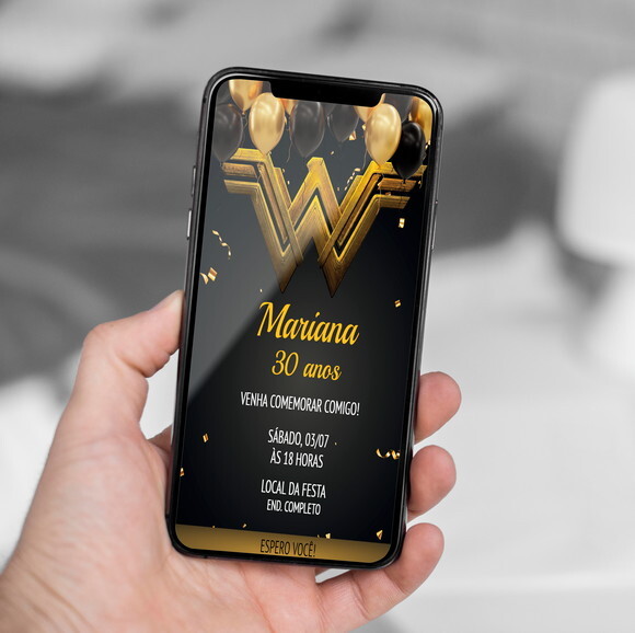 Convite Digital Mulher Maravilha Preto e Dourado