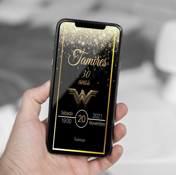 Convite Digital Mulher Maravilha Preto e Dourado