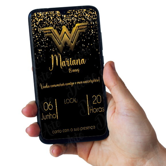 Convite Digital Mulher Maravilha Preto e Dourado