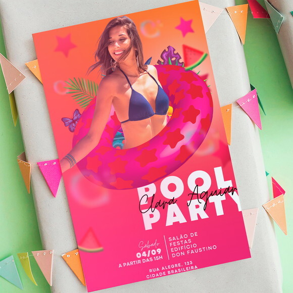 Convite Digital Pool Party com Sua Foto Editada
