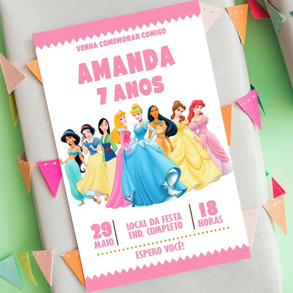 Convite Digital Princesas da Disney Rosa
