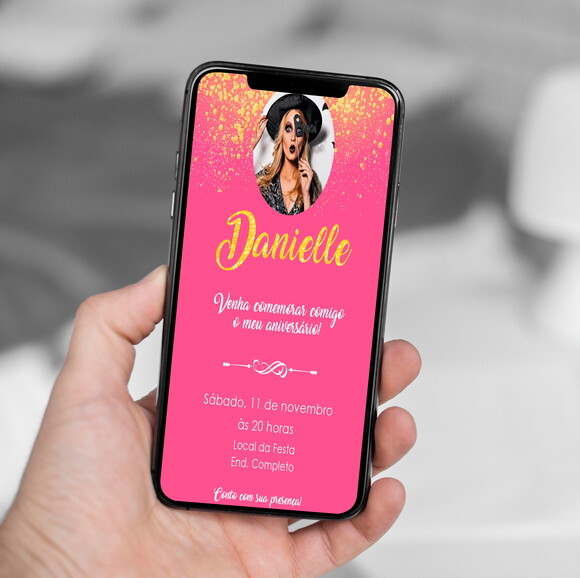 Convite Digital Rosa com Dourado Feminino