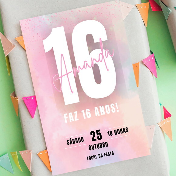 Convite Digital Rosa Jovem 15, 16 17, 18, 19 Anos