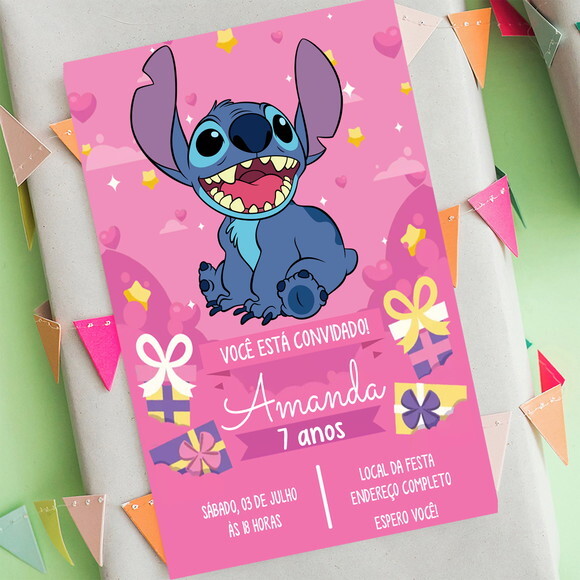 Convite Digital Stitch - Lilo e Stitch Cor de Rosa
