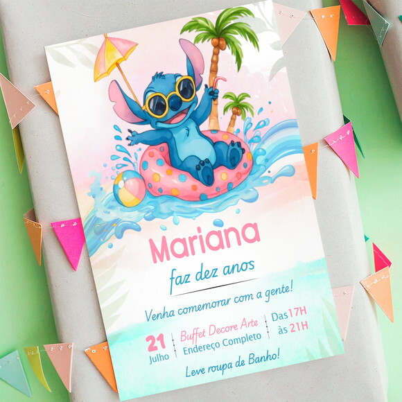 Convite Digital Stitch Pool Party Aquarela