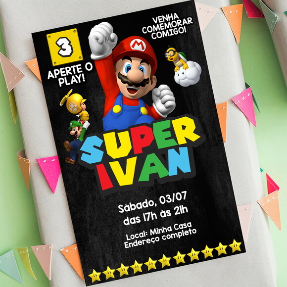 Convite Digital Super Mario Bros Chalkboard