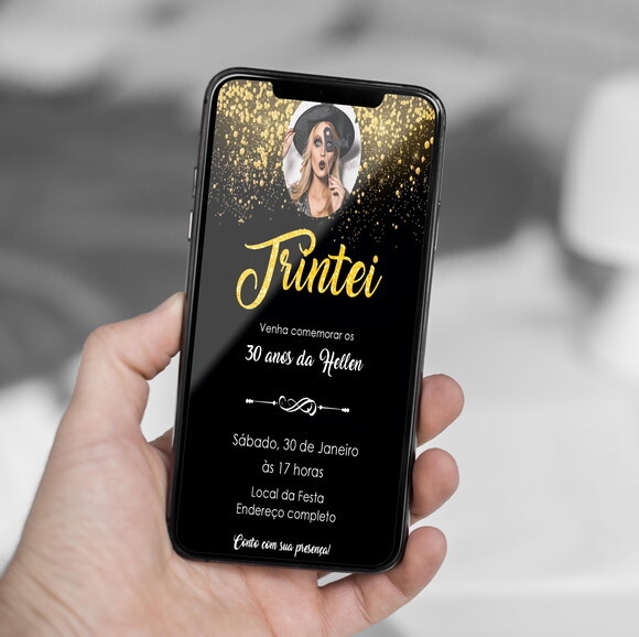 Convite Digital Trintei 30 Anos Preto e Dourado com Foto