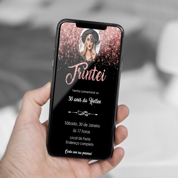Convite Digital Trintei 30 Anos Preto e Rosê com Foto