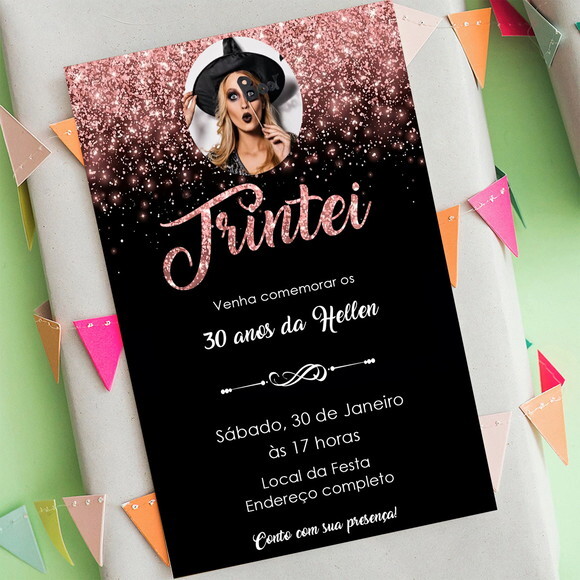Convite Digital Trintei 30 Anos Preto e Rosê com Foto