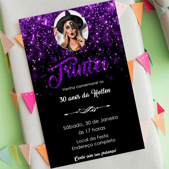 Convite Digital Trintei 30 Anos Preto e Roxo Euforia Foto