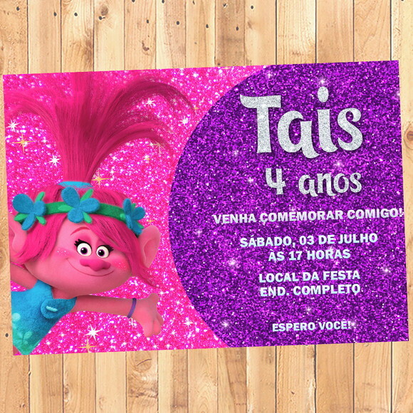 Convite Digital Trolls Glitter Rosa