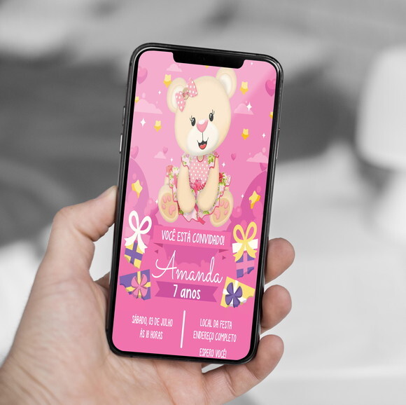 Convite Digital Ursinha Menina Cor de Rosa