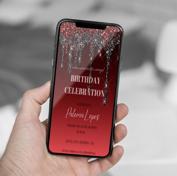 Convite Digital Vermelho Glitter Mulher