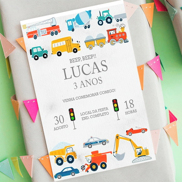 Convite Meios de Transporte, Carros, Caminhão Digital