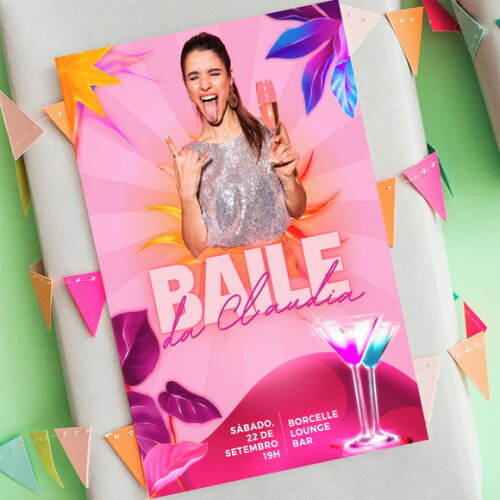 Baile Tropical Rosa Neon Flyer de Festa