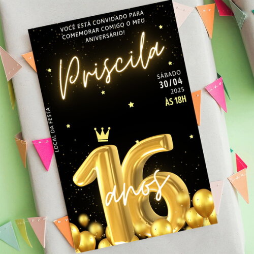 Convite Aniversário 16 Anos Glitter Preto