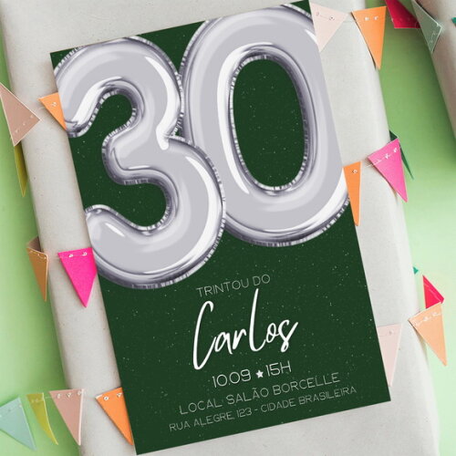 Convite Aniversário 30 Anos Adulto Glitter Verde