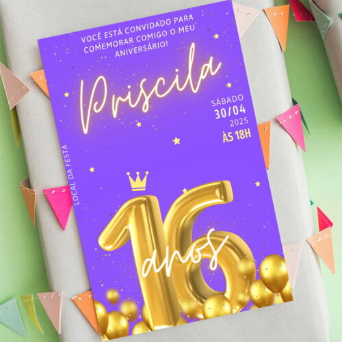 Convite Aniversário 16 Anos Glitter Roxo