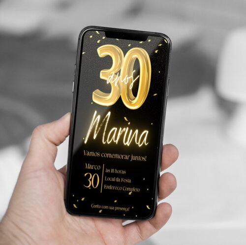 Convite Aniversário 30 Anos Glitter Dourado