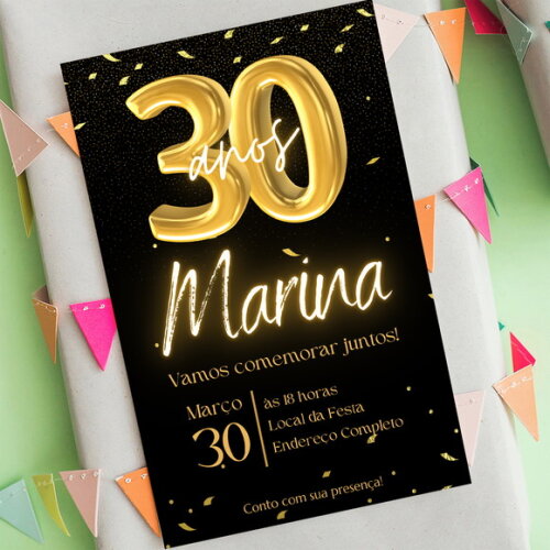 Convite Aniversário 30 Anos Glitter Dourado