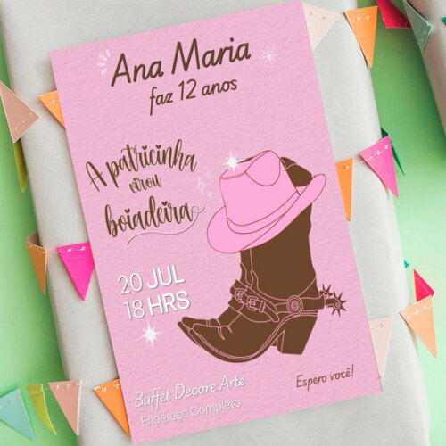 Convite Aniversário Boiadeira Bota Country Rosa Digital