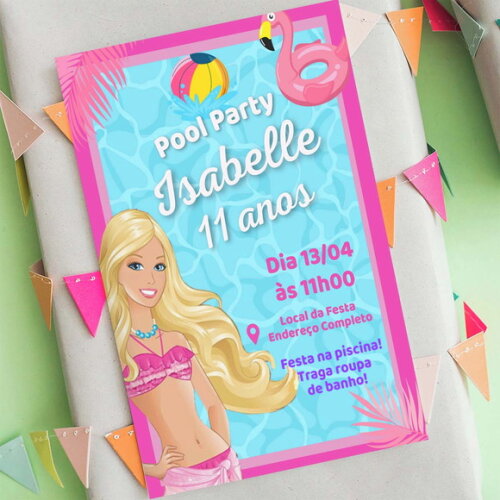 Convite Aniversário Digital Barbie Pool Party