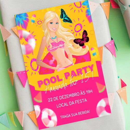 Convite Aniversário Digital Barbie Pool Party