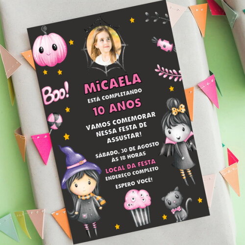 Convite Aniversário Halloween Bruxinha com Foto
