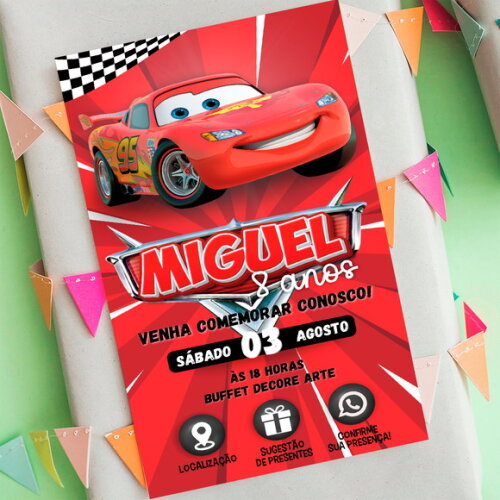 Convite Aniversário Interativo Relampago Macqueen Carros