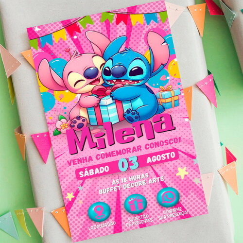Convite Aniversário Interativo Stitch e Angel