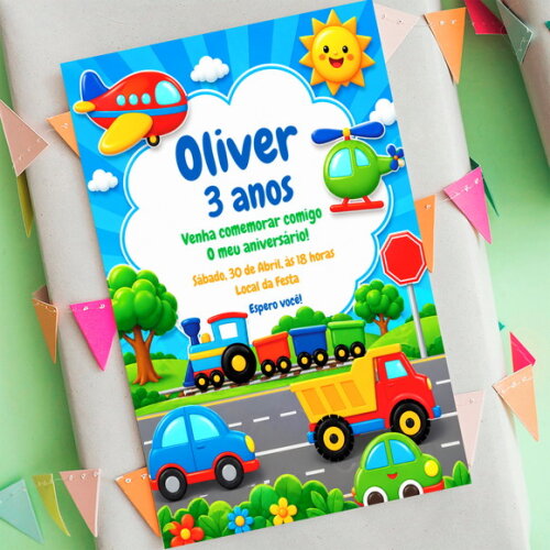 Convite Aniversário Meios de Transporte