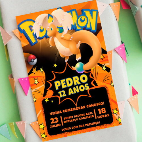 Convite Aniversário Mega Dragonite Pokemon