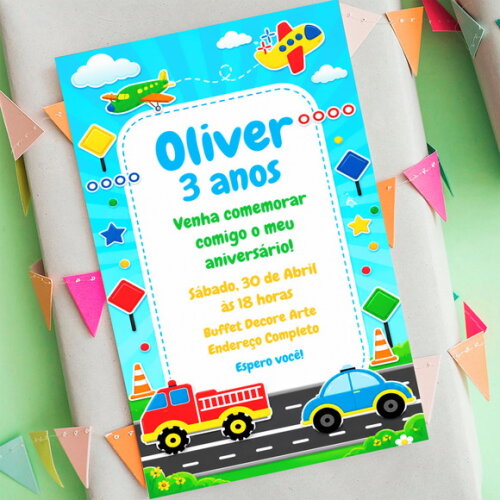 Convite Aniversário Meios de Transporte Digital