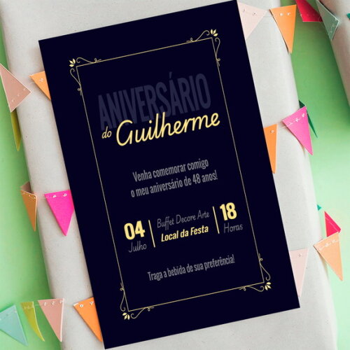 Convite Aniversário Minimalista Azul e Dourado