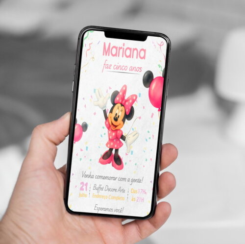 Convite Aniversário Minnie Mouse Aquarela Rosa