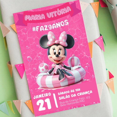 Convite Aniversário Minnie Mouse Pool Party