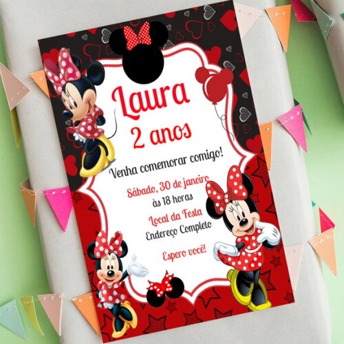 Convite Aniversário Minnie Mouse Vermelha Modelos