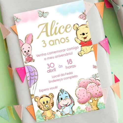 Convite Aniversário Ursinho Pooh Aquarela