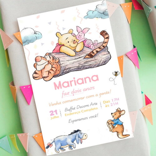 Convite Aniversário Ursinho Pooh Aquarela Digital