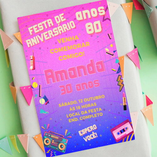 Convite Anos 80 90 Aniversário - Festa Anos 80 90 Digital